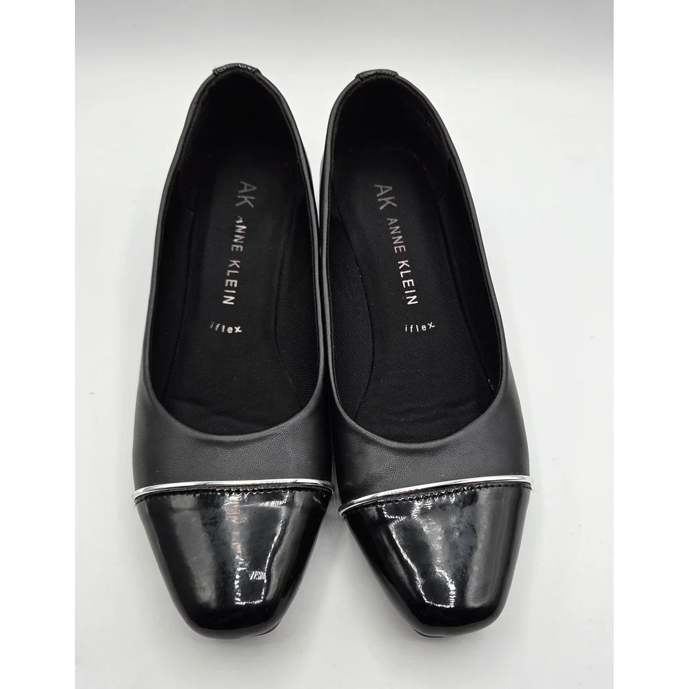 Anne Klein Mildred Black Wedge Pumps Patent Cap Toe Silver Trim Shoes‎ Size 8.5M